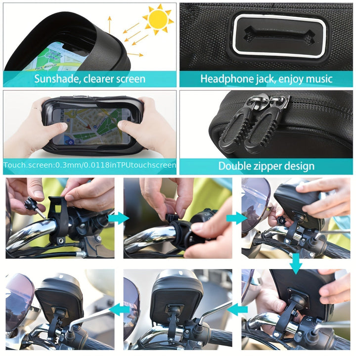 "Waterdichte telefoonhouder voor fiets en motor, draait 360 graden, past op telefoons 4,5-6,4 inch, gemonteerd op stuur."