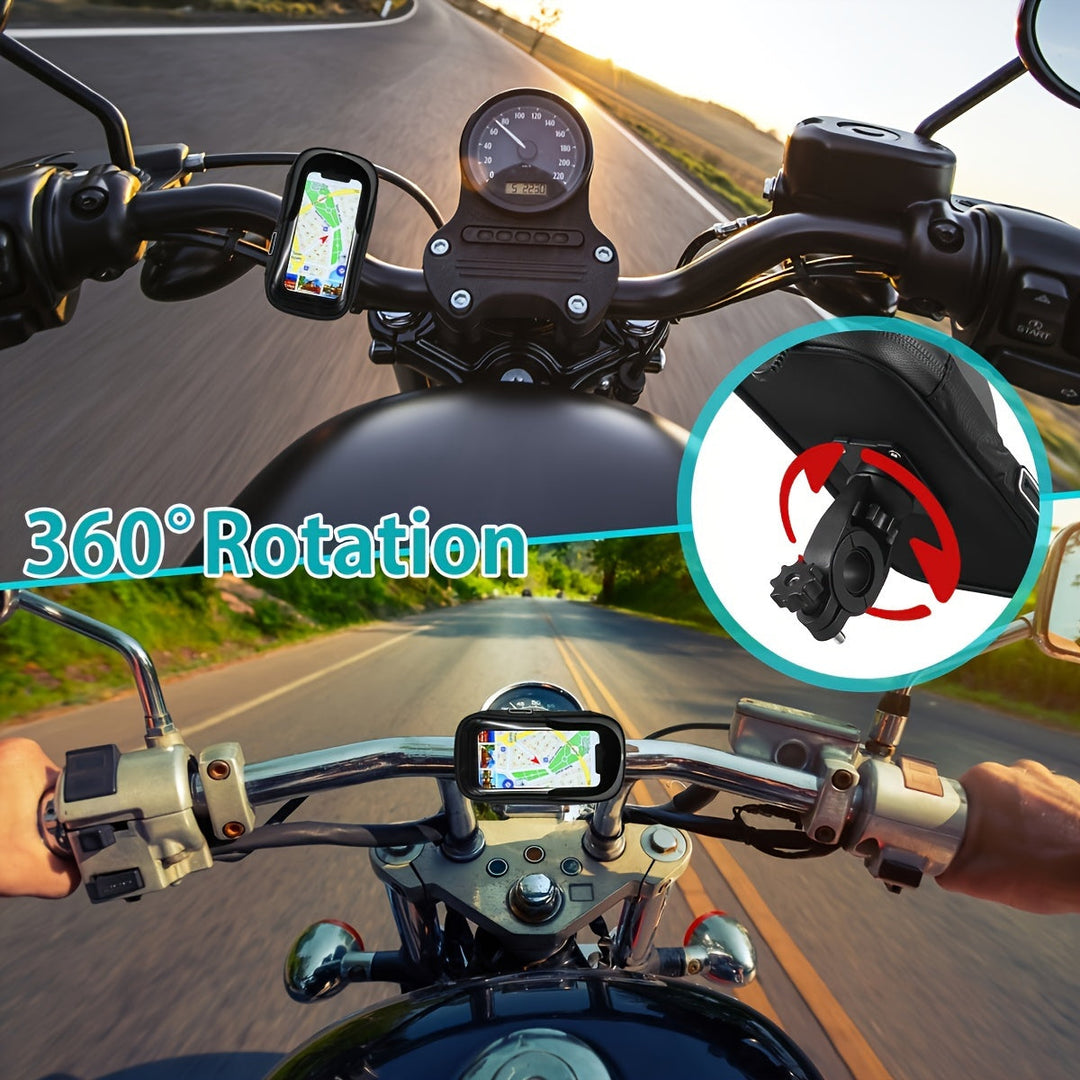 "Waterdichte telefoonhouder voor fiets en motor, draait 360 graden, past op telefoons 4,5-6,4 inch, gemonteerd op stuur."