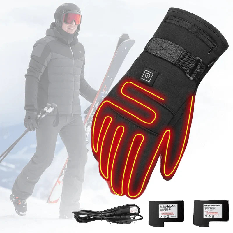 "Waterdichte verwarmde handschoenen, zwart nylon, met fleece voering en verstelbare warmte, ideaal voor winterse activiteiten