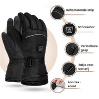 "Waterdichte verwarmde handschoenen, zwart nylon, met fleece voering en verstelbare warmte, ideaal voor winterse activiteiten