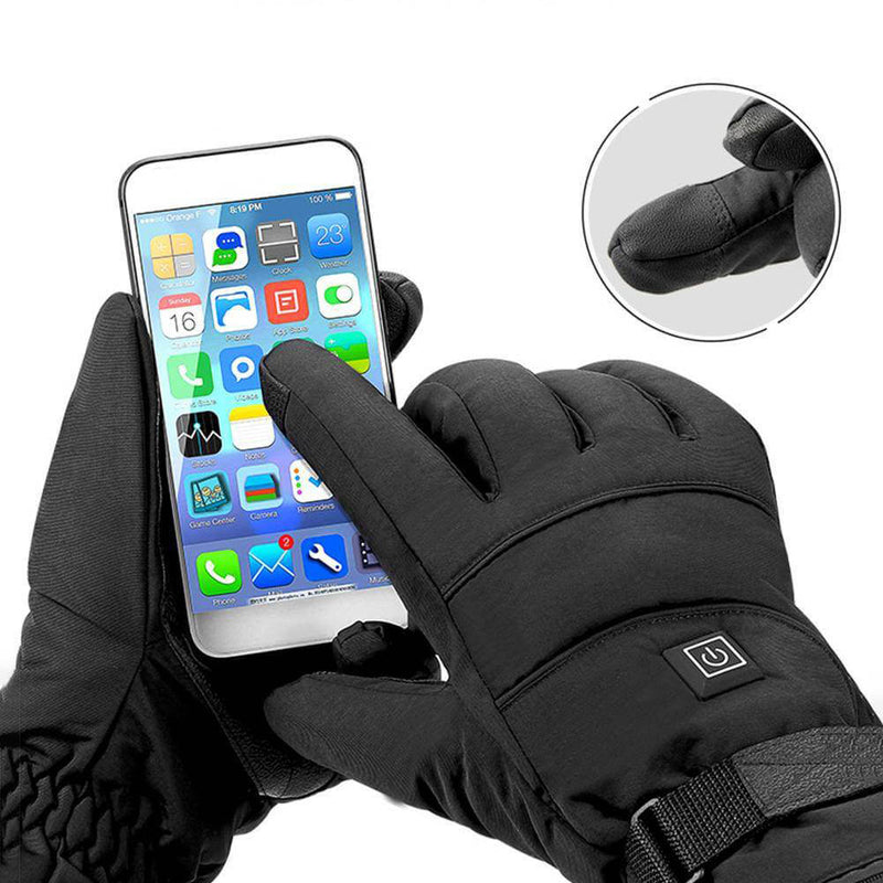 "Waterdichte verwarmde handschoenen, zwart nylon, met fleece voering en verstelbare warmte, ideaal voor winterse activiteiten