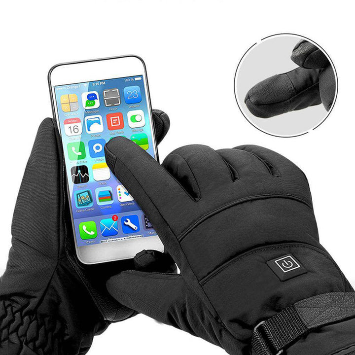 "Waterdichte verwarmde handschoenen, zwart nylon, met fleece voering en verstelbare warmte, ideaal voor winterse activiteiten