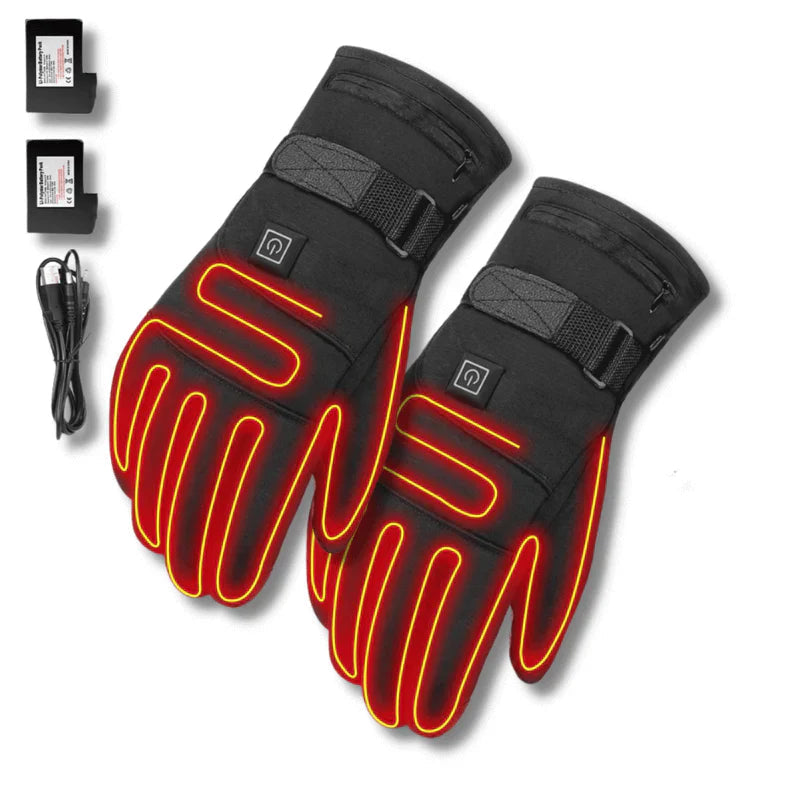 "Waterdichte verwarmde handschoenen, zwart nylon, met fleece voering en verstelbare warmte, ideaal voor winterse activiteiten