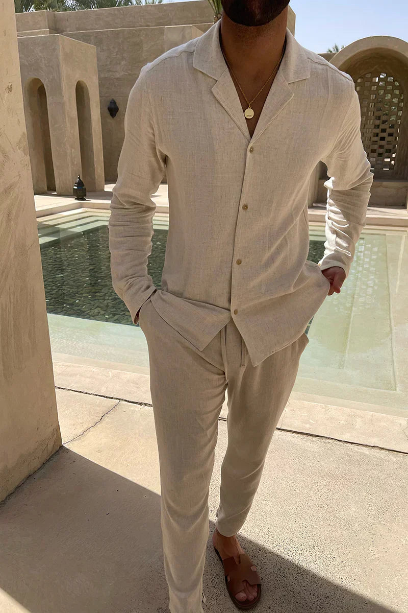 "Wessel linnen heren set, beige trui en broek voor lente en zomer, trendy en ademend voor een stijlvolle look."