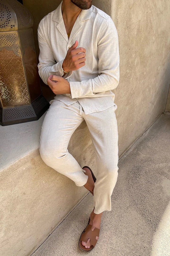 "Wessel linnen heren set, beige trui en broek voor lente en zomer, trendy en ademend voor een stijlvolle look."