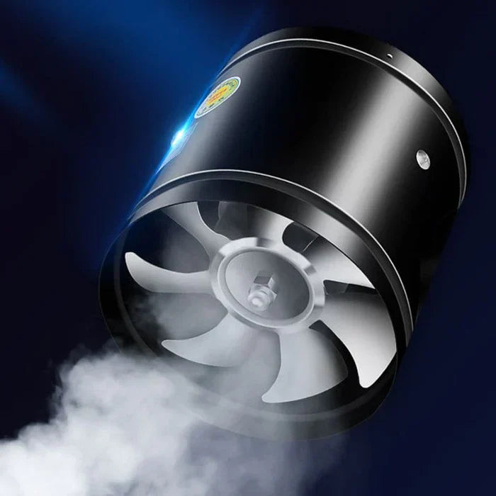 "WhisperFlow Ventilator zwart en wit, stille krachtige afzuiging voor keukens en kantoren, metalen omhulsel, energiezuinig."
