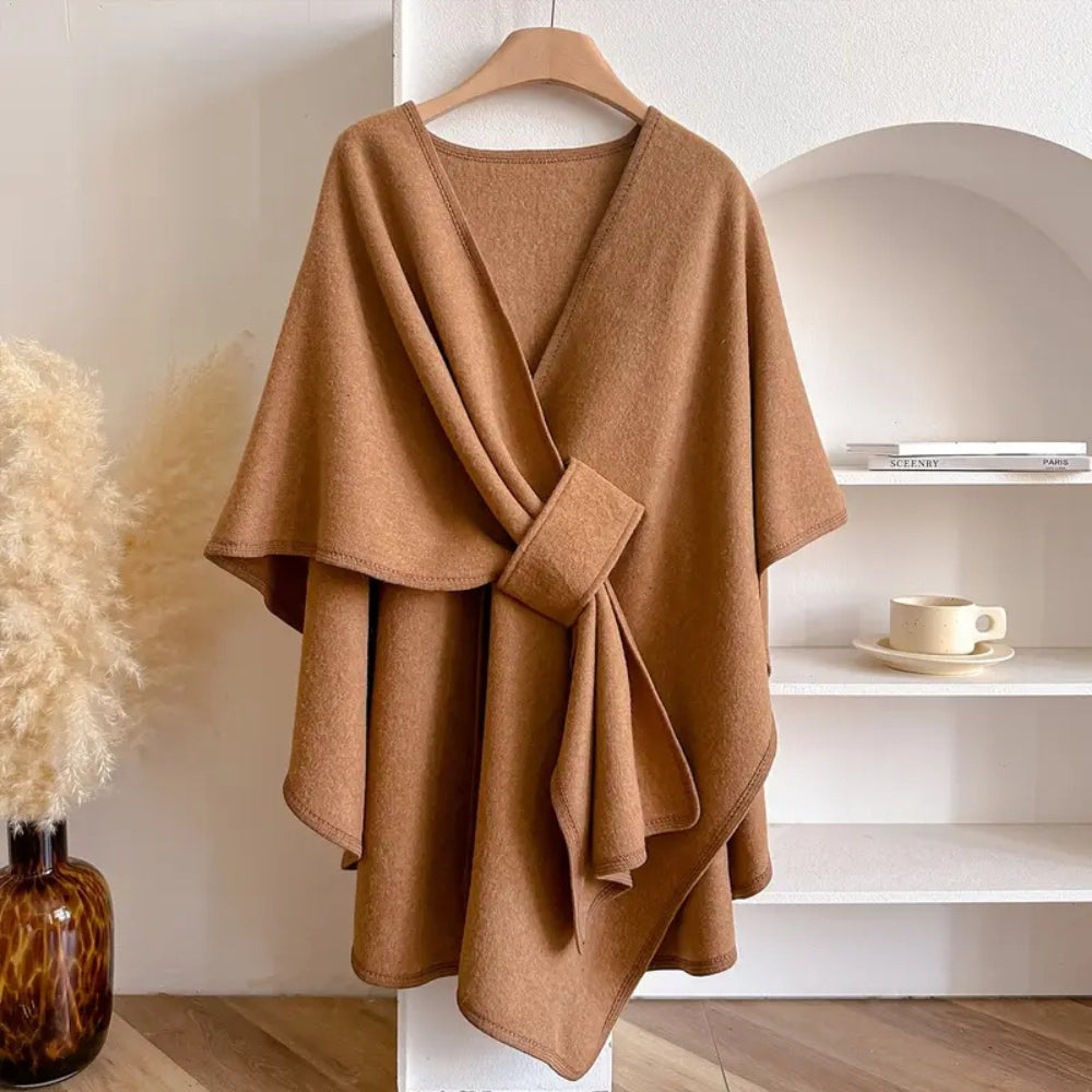 "Winddichte sjaaljas voor dames, elegant en luxe, met zachte drape en veelzijdige kleuren zoals taupe en ivoor."