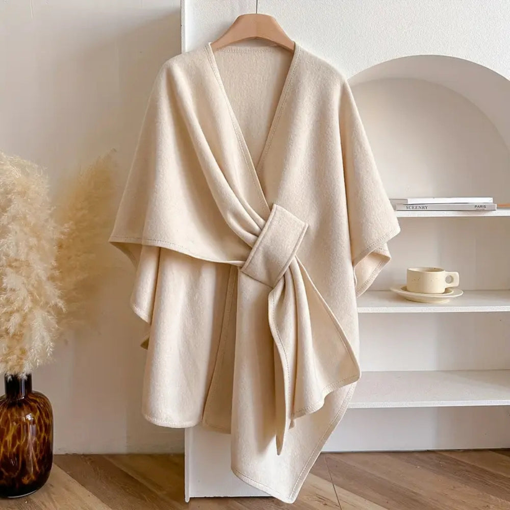 "Winddichte sjaaljas voor dames, elegant en luxe, met zachte drape en veelzijdige kleuren zoals taupe en ivoor."
