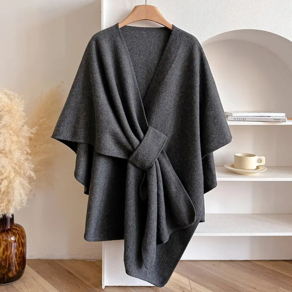 "Winddichte sjaaljas voor dames, elegant en luxe, met zachte drape en veelzijdige kleuren zoals taupe en ivoor."