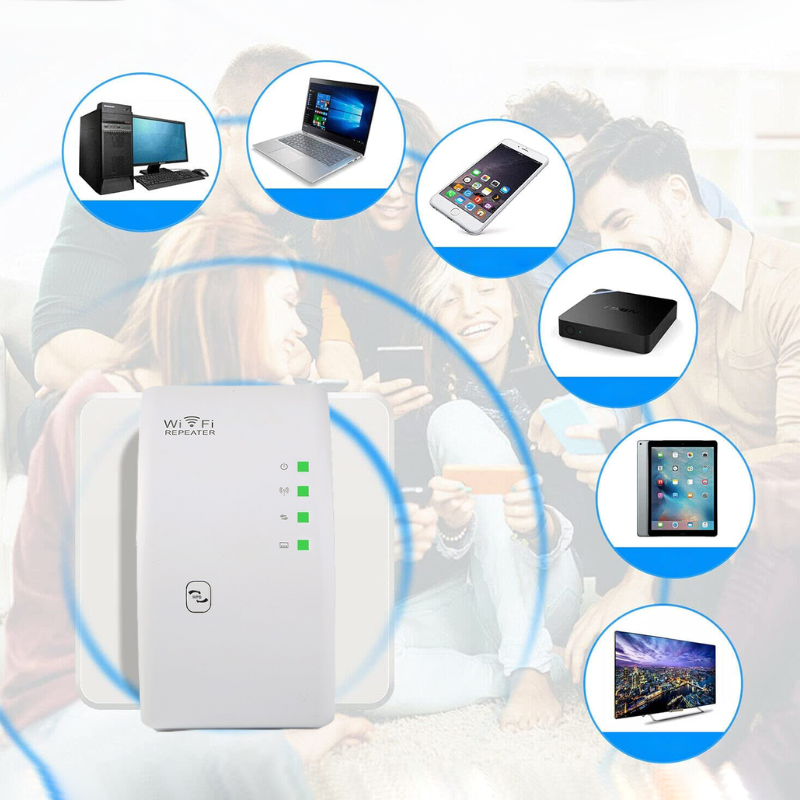 "Wit, compacte WiFi-versterker met interne antennes, geschikt voor stopcontact. Verbetert signaalbereik en internetsnelheid."