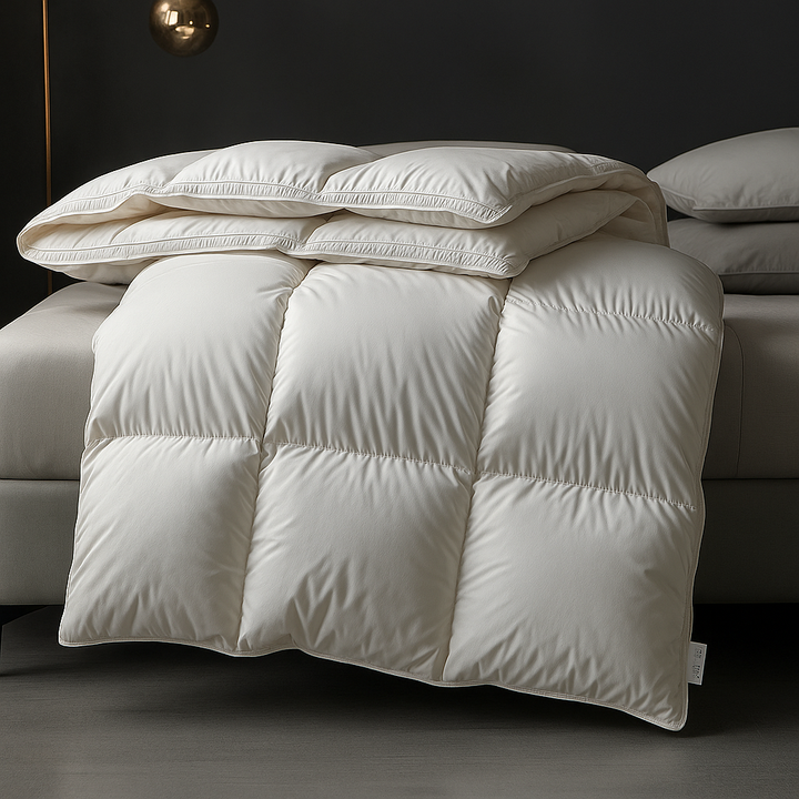 "Wit ganzendonzen dekbed met luxe uitstraling, lichte textuur en temperatuurregulatie voor optimaal slaapcomfort."