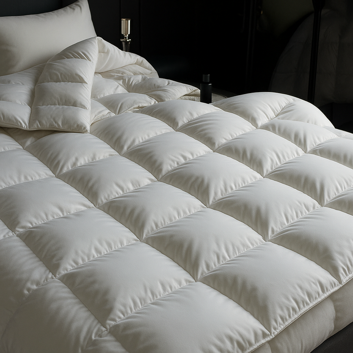 "Wit ganzendonzen dekbed met luxe uitstraling, lichte textuur en temperatuurregulatie voor optimaal slaapcomfort."