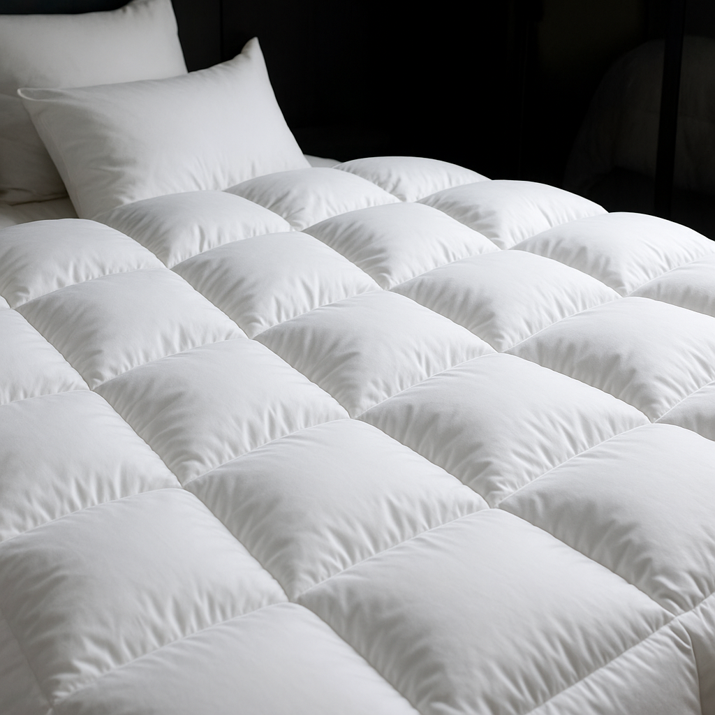 "Wit ganzendonzen dekbed met luxe uitstraling, lichte textuur en temperatuurregulatie voor optimaal slaapcomfort."