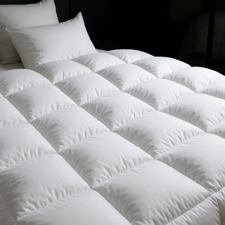 "Wit ganzendonzen dekbed met luxe uitstraling, lichte textuur en temperatuurregulatie voor optimaal slaapcomfort."