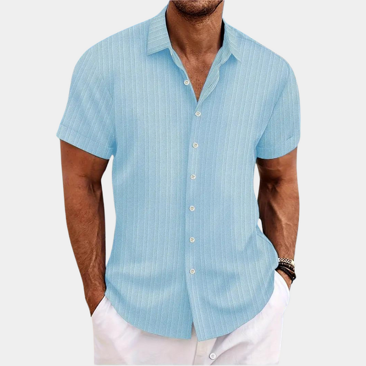 "Wit zomer overhemd heren, korte mouw, ademend materiaal, comfortabel, stijlvol, voor casual en formele gelegenheden."