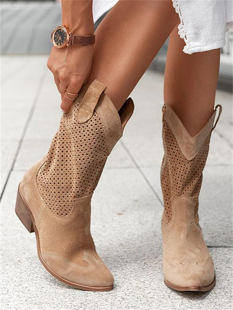 "Witte Josiane cowboylaarzen voor dames met perforatiedetails en blokhak, trendy en comfortabel met Western flair."