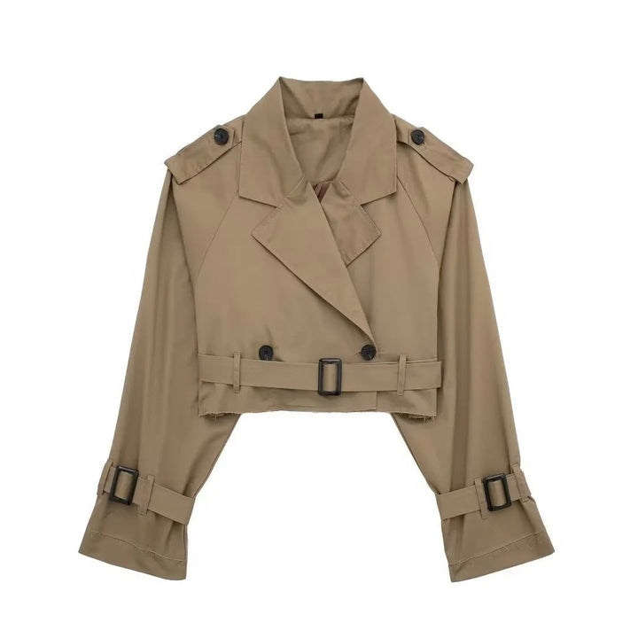 "Yara korte trenchcoat voor dames, trendy elegant design, lichtgewicht polyester, perfecte lente en herfst jas."