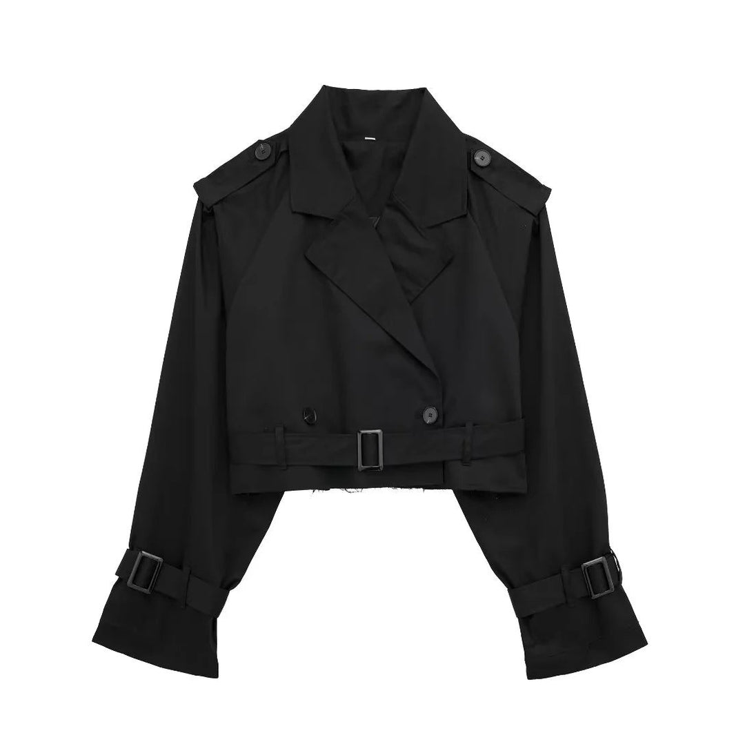 "Yara korte trenchcoat voor dames, trendy elegant design, lichtgewicht polyester, perfecte lente en herfst jas."