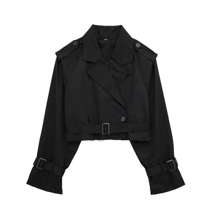 "Yara korte trenchcoat voor dames, trendy elegant design, lichtgewicht polyester, perfecte lente en herfst jas."