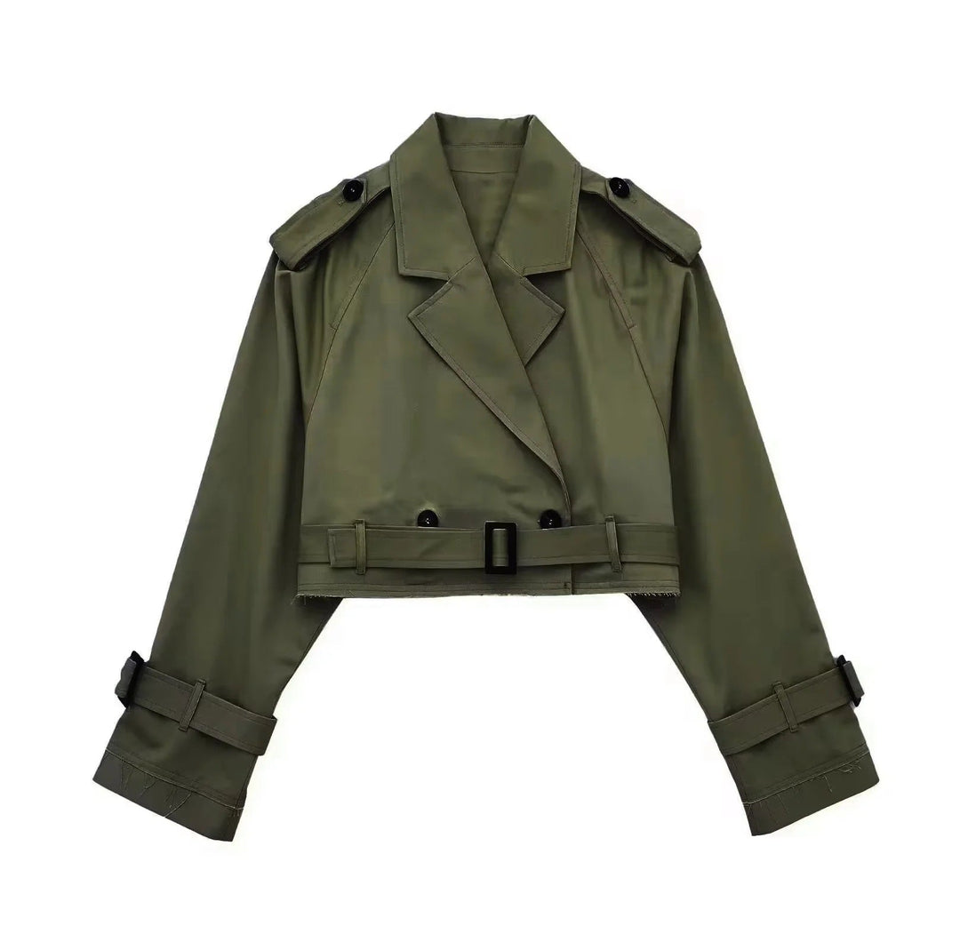 "Yara korte trenchcoat voor dames, trendy elegant design, lichtgewicht polyester, perfecte lente en herfst jas."