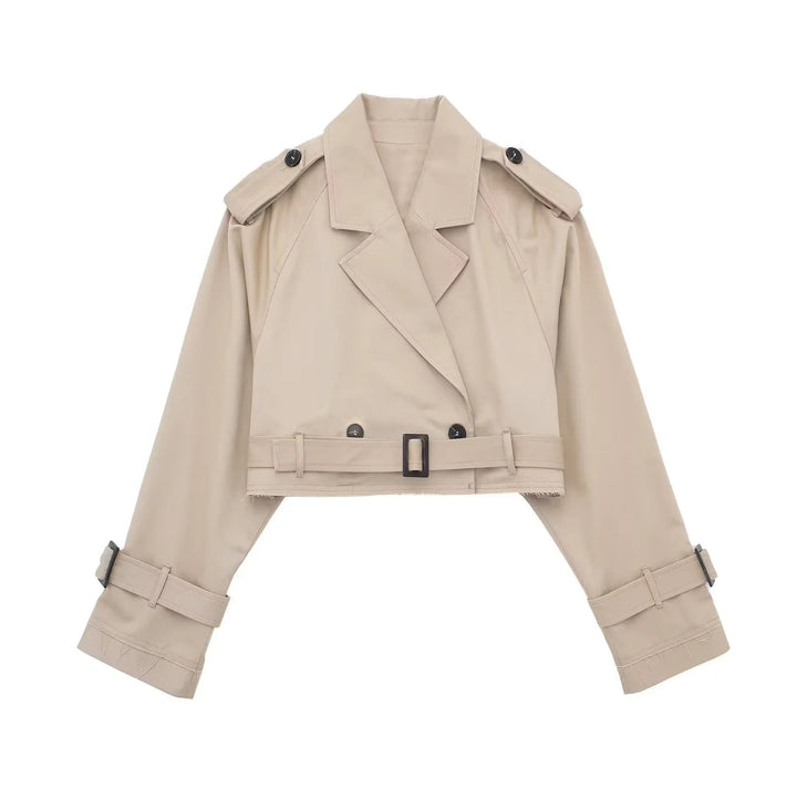 "Yara korte trenchcoat voor dames, trendy elegant design, lichtgewicht polyester, perfecte lente en herfst jas."