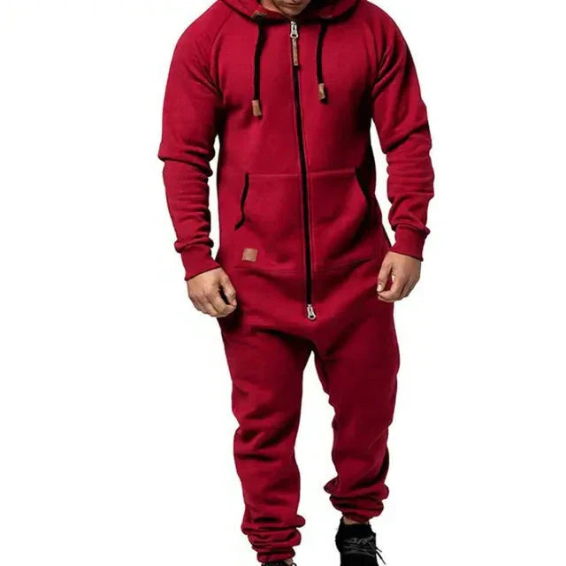 "Zachte warme heren jumpsuit met capuchon, ritssluiting en zakken, perfect voor comfort en stijlvolle casual look."