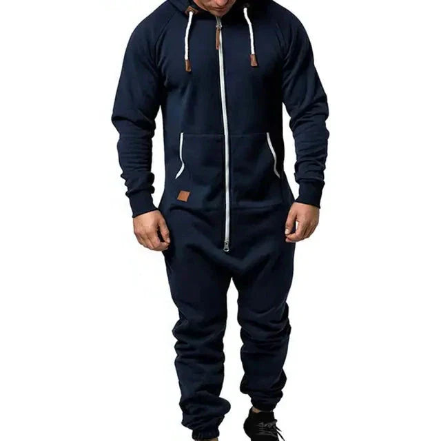 "Zachte warme heren jumpsuit met capuchon, ritssluiting en zakken, perfect voor comfort en stijlvolle casual look."