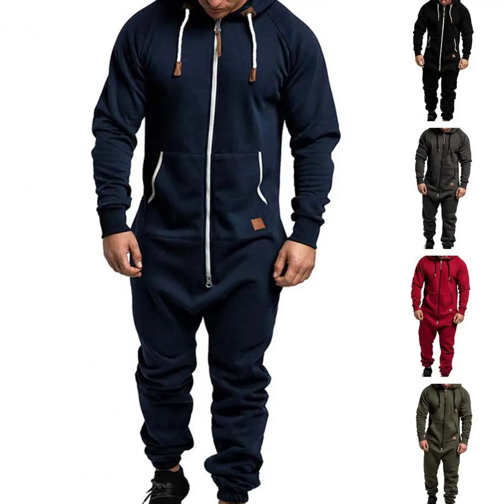 "Zachte warme heren jumpsuit met capuchon, ritssluiting en zakken, perfect voor comfort en stijlvolle casual look."
