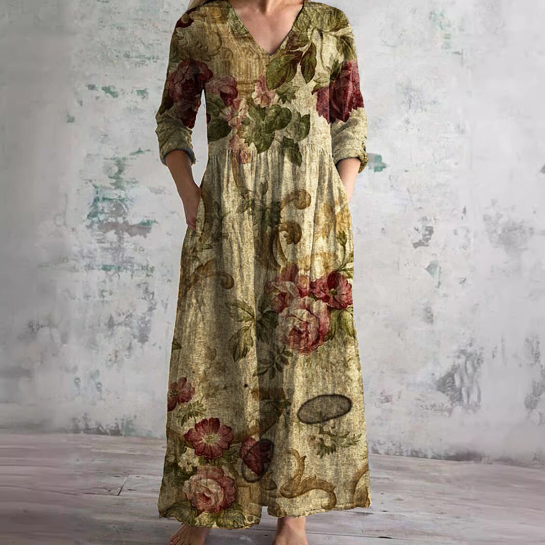Zomerjurk met elegante V-hals en romantisch bloemenpatroon, perfect voor dames, comfortabel en luchtig voor warme dagen.