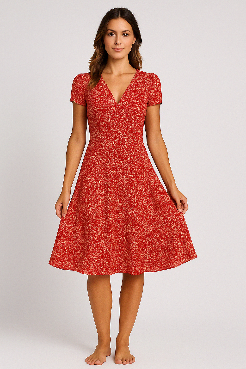 Zomerse A-lijn jurk met bloemenprint, V-hals, elegante en comfortabele pasvorm, ideaal voor zomerse dagen.