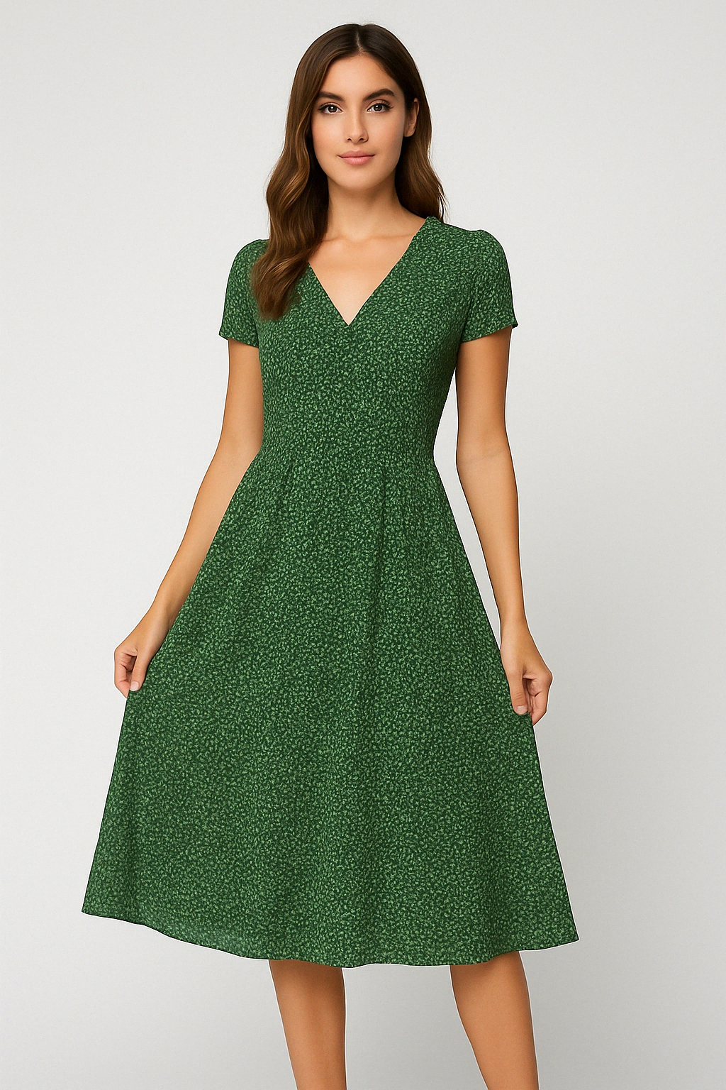 Zomerse A-lijn jurk met bloemenprint, V-hals, elegante en comfortabele pasvorm, ideaal voor zomerse dagen.