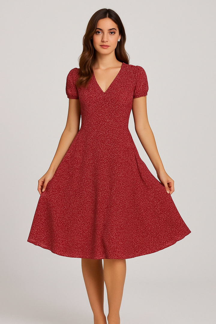 Zomerse A-lijn jurk met bloemenprint, V-hals, elegante en comfortabele pasvorm, ideaal voor zomerse dagen.