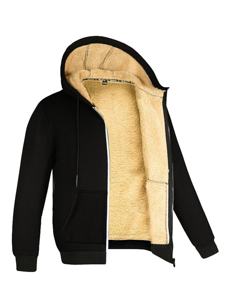 "Zwart heren polar fleece vest met capuchon en lange mouwen, bontvoering, ideaal voor winterkleding en buitenactiviteiten."