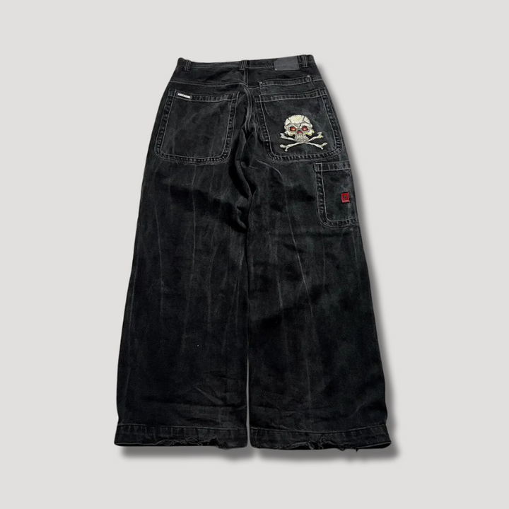 "Zwarte baggy jeans met hoge taille, wijdvallend en retro-stijl, voorkantaanzicht met casual en stijlvolle uitstraling."