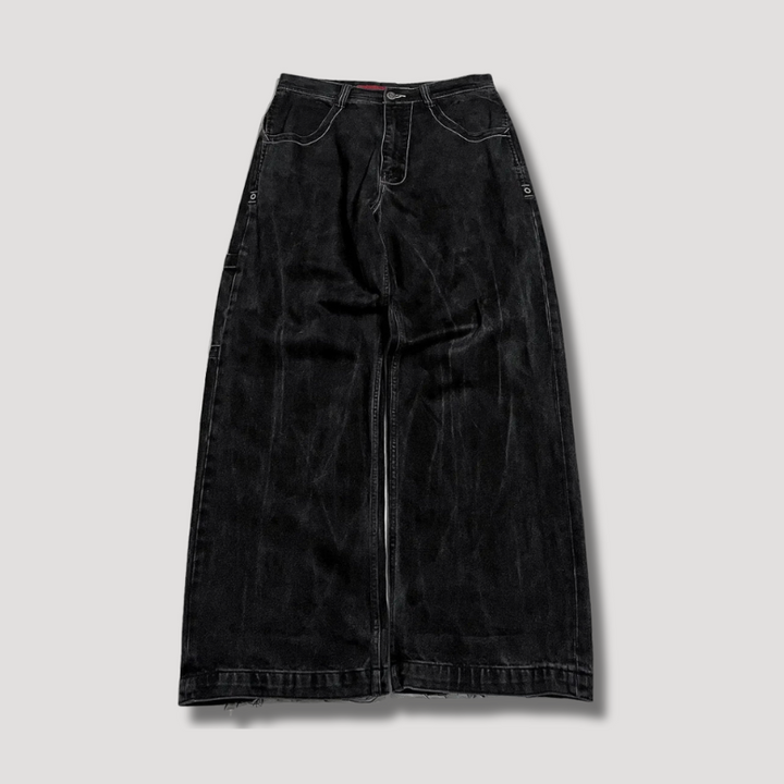 "Zwarte baggy jeans met hoge taille, wijdvallend en retro-stijl, voorkantaanzicht met casual en stijlvolle uitstraling."