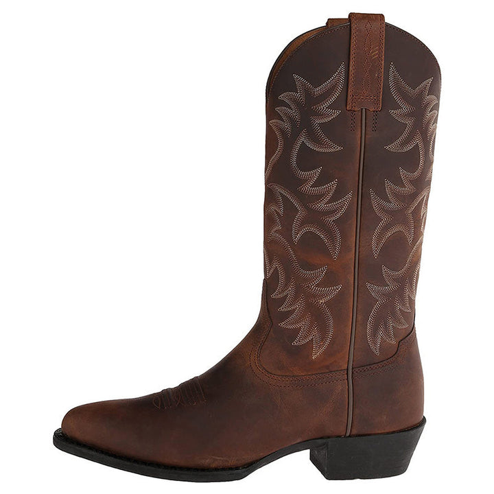 "Zwarte en bruine heren cowboylaarzen van rundleer met spitse neuzen en stijlvolle stiksels voor een klassieke western look."