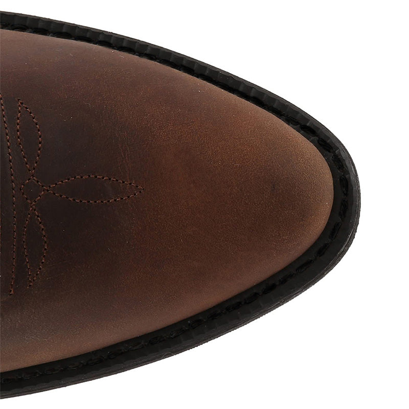 "Zwarte en bruine heren cowboylaarzen van rundleer met spitse neuzen en stijlvolle stiksels voor een klassieke western look."