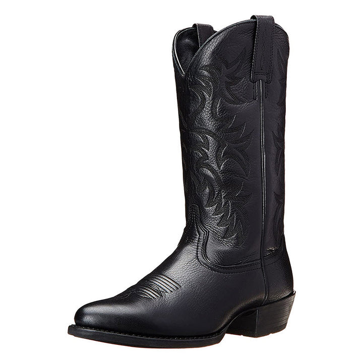 "Zwarte en bruine heren cowboylaarzen van rundleer met spitse neuzen en stijlvolle stiksels voor een klassieke western look."