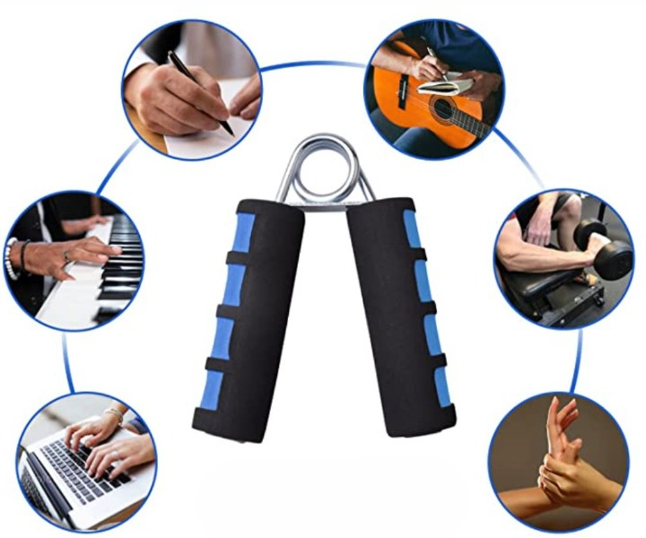 "Zwarte handtrainer met rode accenten, ergonomisch ontwerp, verstelbare weerstand, ideaal voor krachtopbouw en ontspanning."