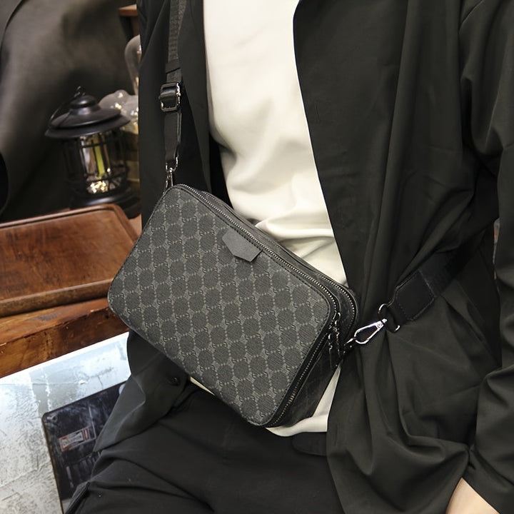 "Zwarte heren crossbody tas met gecheckt design en verstelbare riem, ideale compacte tas voor streetstyle en dagelijks gebrui