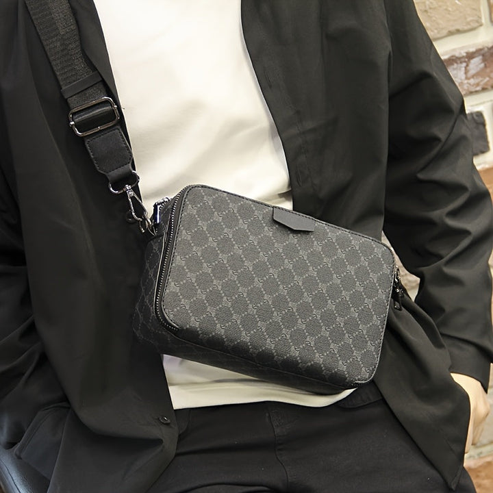 "Zwarte heren crossbody tas met gecheckt design en verstelbare riem, ideale compacte tas voor streetstyle en dagelijks gebrui