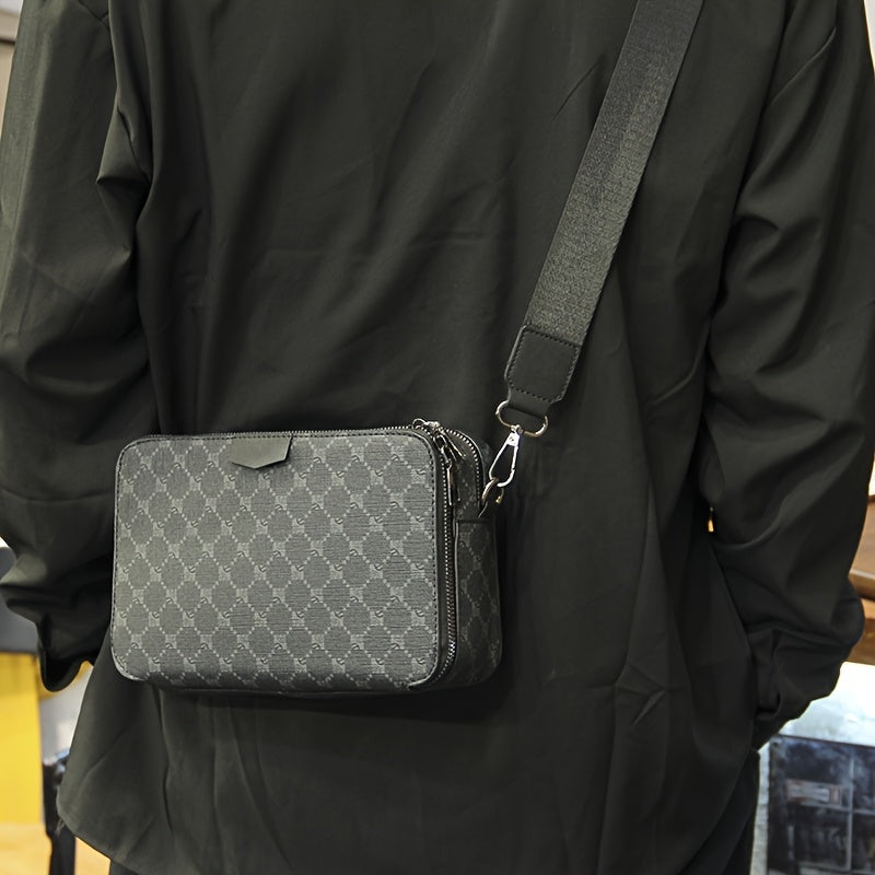 "Zwarte heren crossbody tas met gecheckt design en verstelbare riem, ideale compacte tas voor streetstyle en dagelijks gebrui