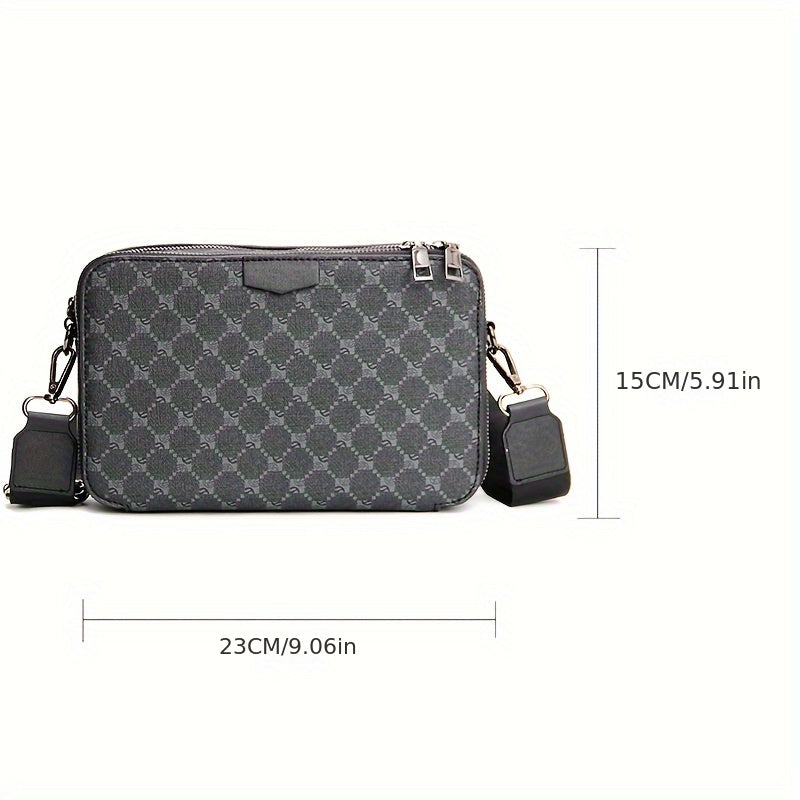 "Zwarte heren crossbody tas met gecheckt design en verstelbare riem, ideale compacte tas voor streetstyle en dagelijks gebrui