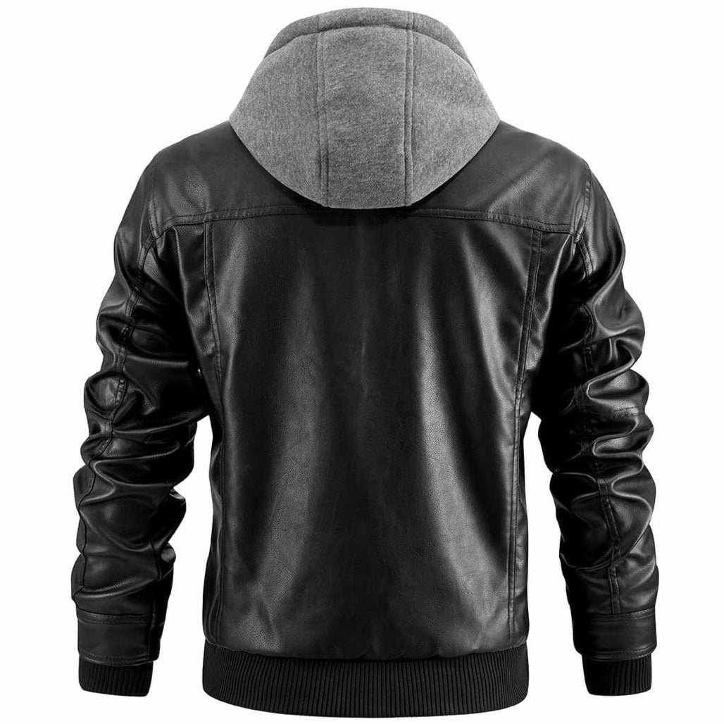 "Zwarte heren leren jas met robuuste look en afneembare capuchon, ideale keuze voor stijlvolle en stoere mannen."