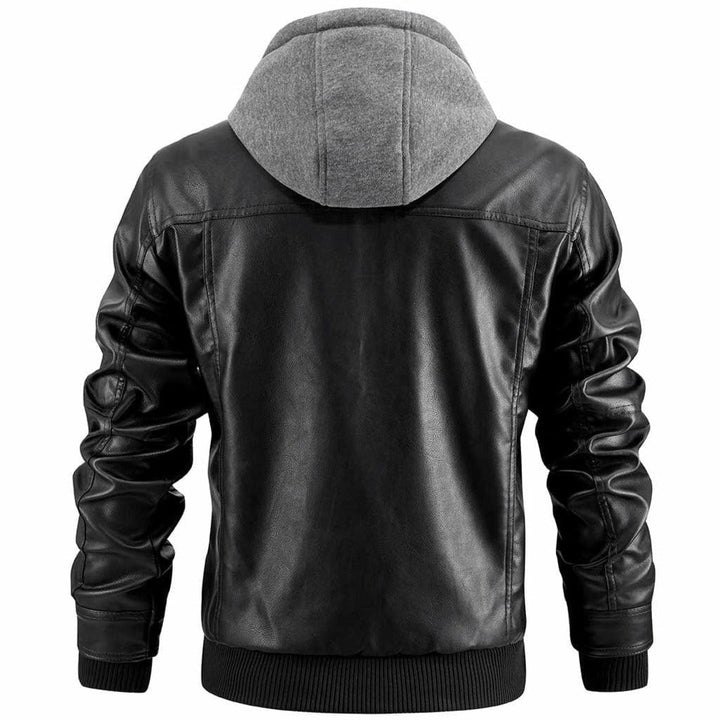 "Zwarte heren leren jas met robuuste look en afneembare capuchon, ideale keuze voor stijlvolle en stoere mannen."