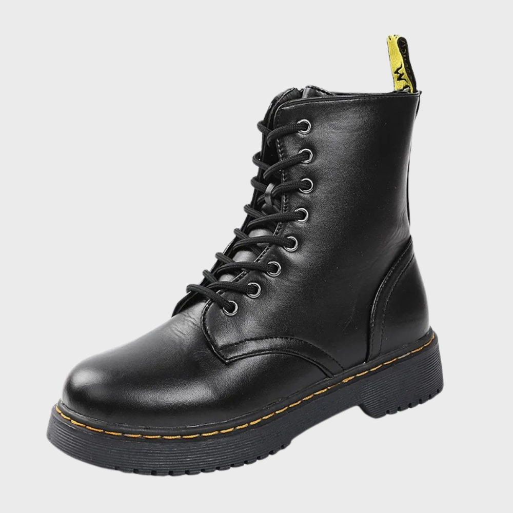 "Zwarte leren dameslaarzen met veters, stijlvol en duurzaam ontwerp voor comfort en veelzijdigheid."