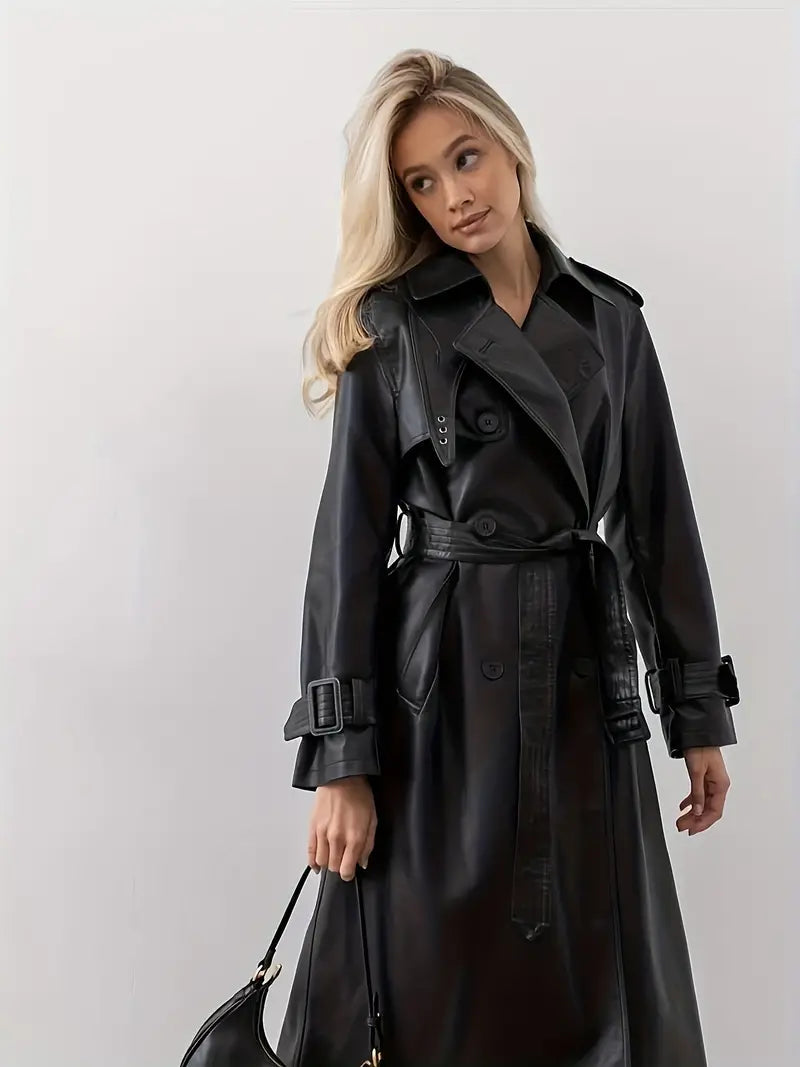 Zwarte leren trenchcoat dames, elegante en warme winterjas met dubbele knoopsluiting en slank design, ideaal voor elke gelege