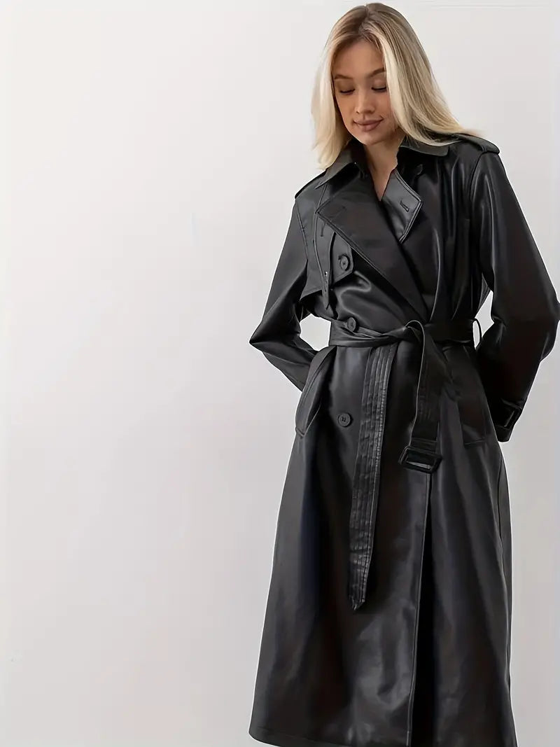 Zwarte leren trenchcoat dames, elegante en warme winterjas met dubbele knoopsluiting en slank design, ideaal voor elke gelege