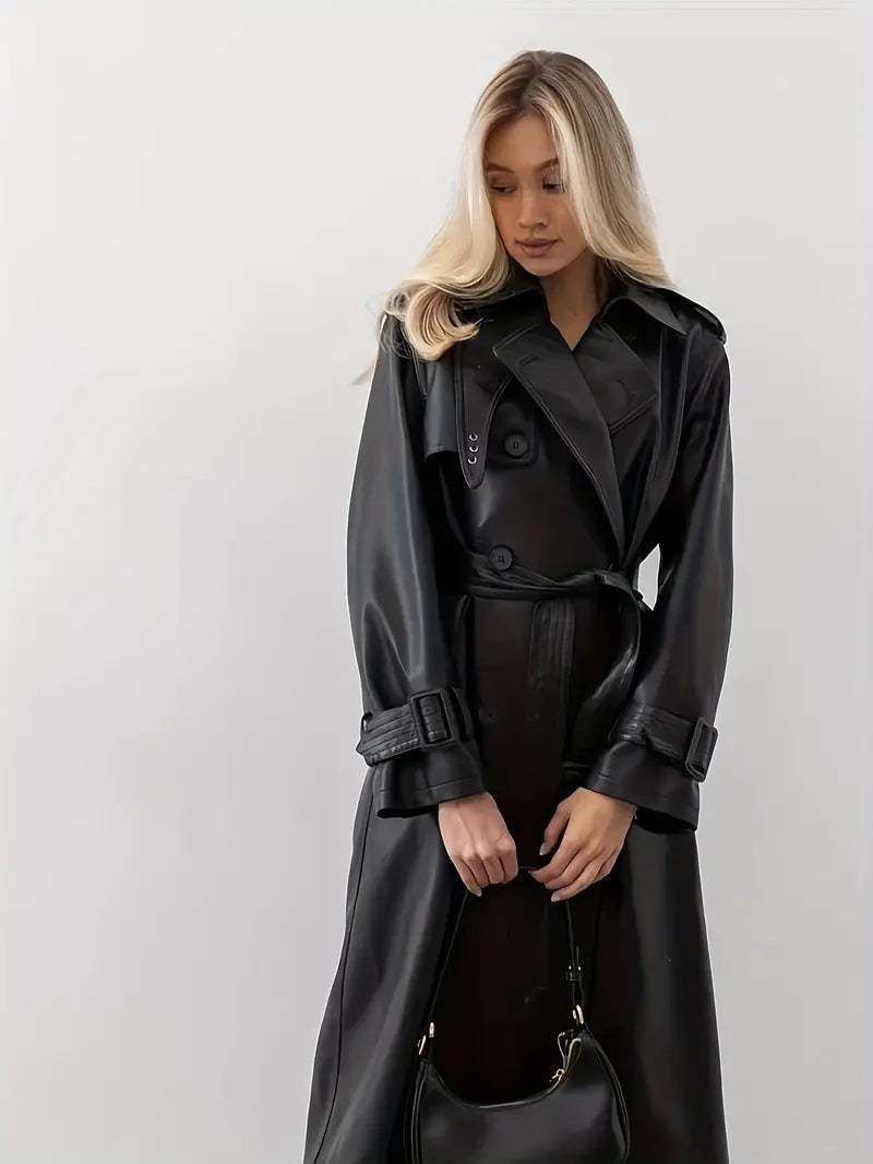 Zwarte leren trenchcoat dames, elegante en warme winterjas met dubbele knoopsluiting en slank design, ideaal voor elke gelege