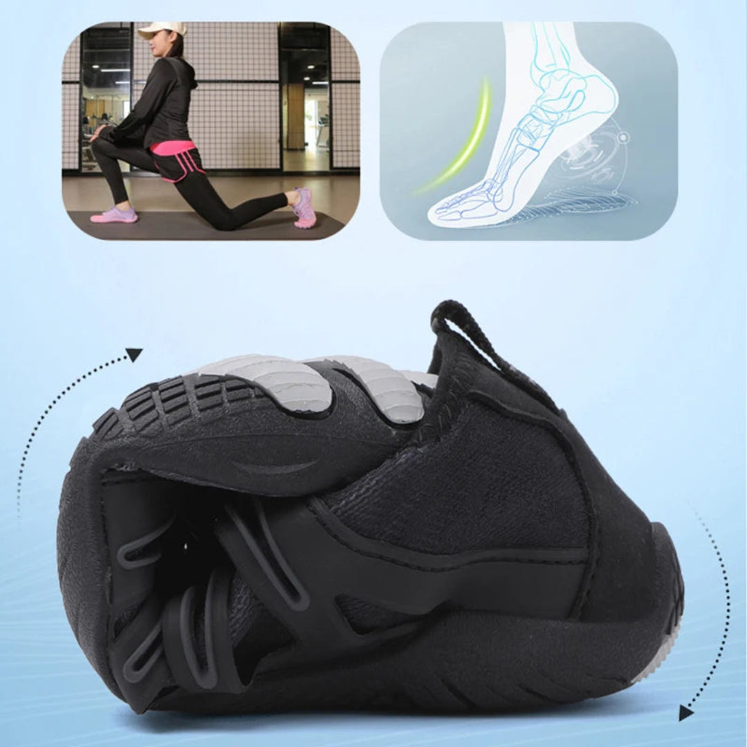 "Zwarte orthopedische barefoot schoenen voor dames, lichtgewicht en ademend, ideaal voor comfort en natuurlijke beweging."